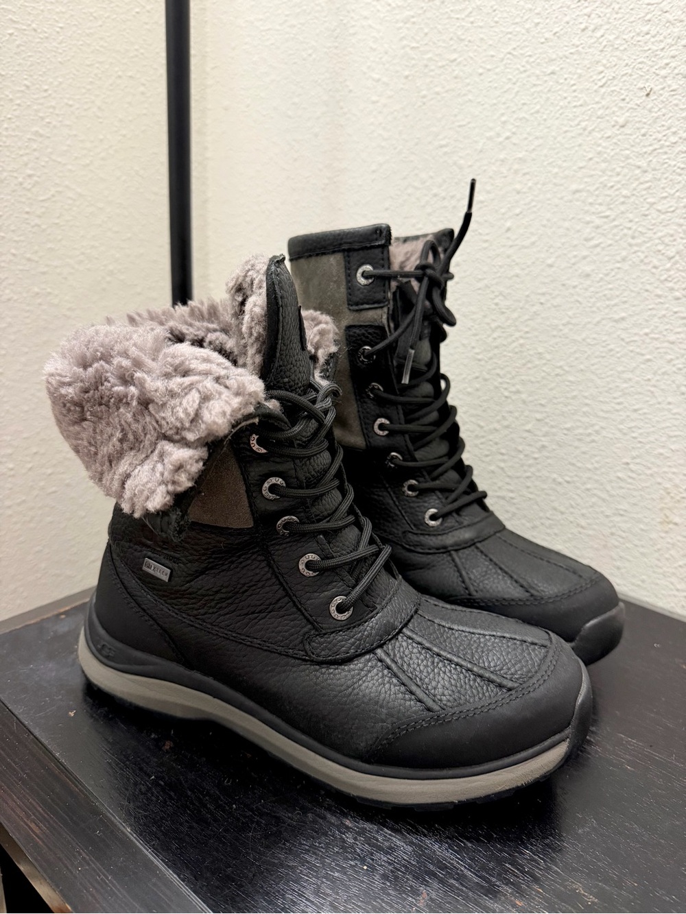 UGG Women's Black Waterproof Lace-Up Winter Boots with Gray Shearling Trim
